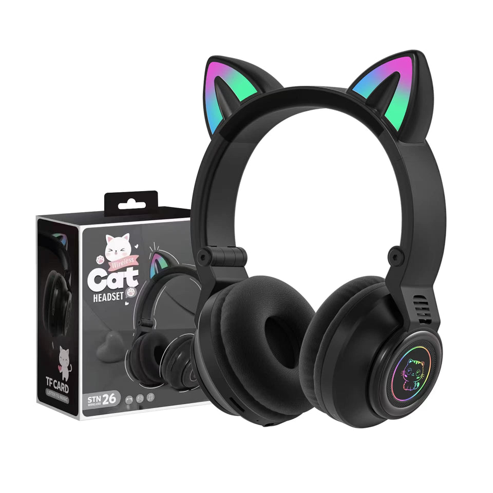 YUSONIC cat-ear headphones with LED lights pulse to music for playful listening.