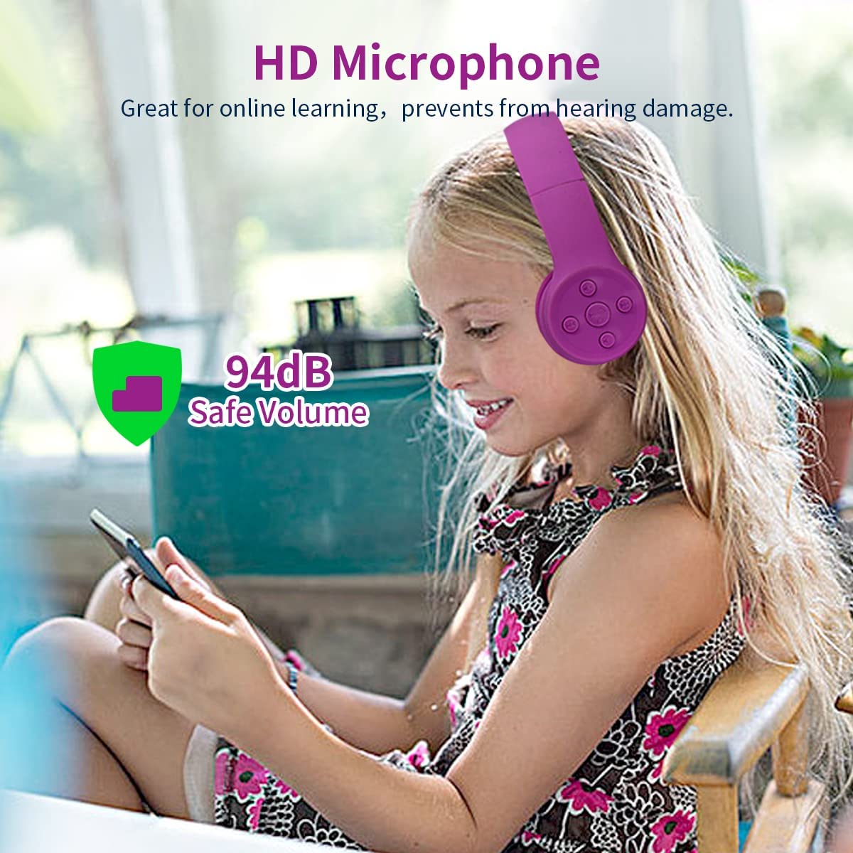 YUSONIC Kids Wireless Headphones with purple design, built-in mic for calls.