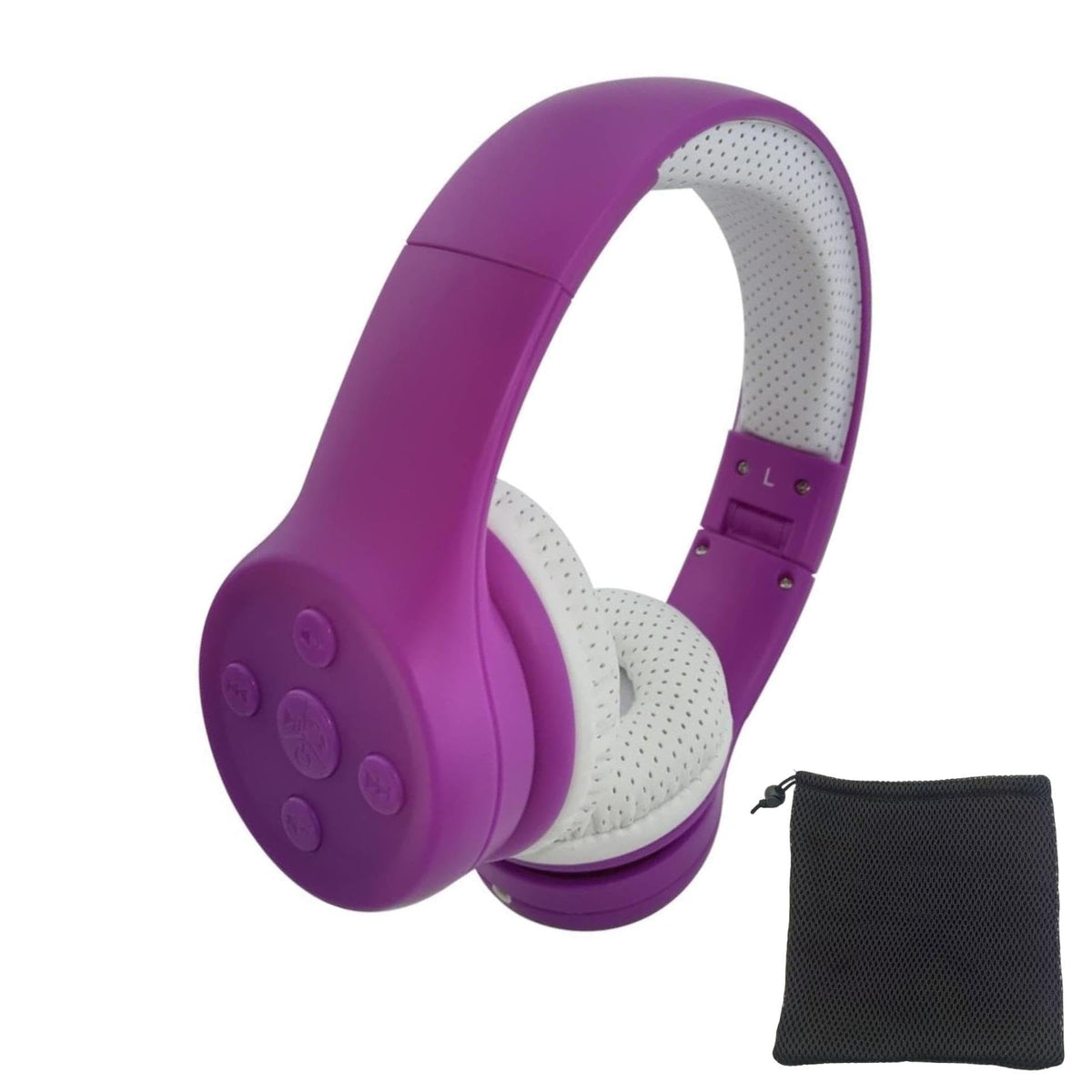YUSONIC Purple kids headphones in a protective travel pouch.