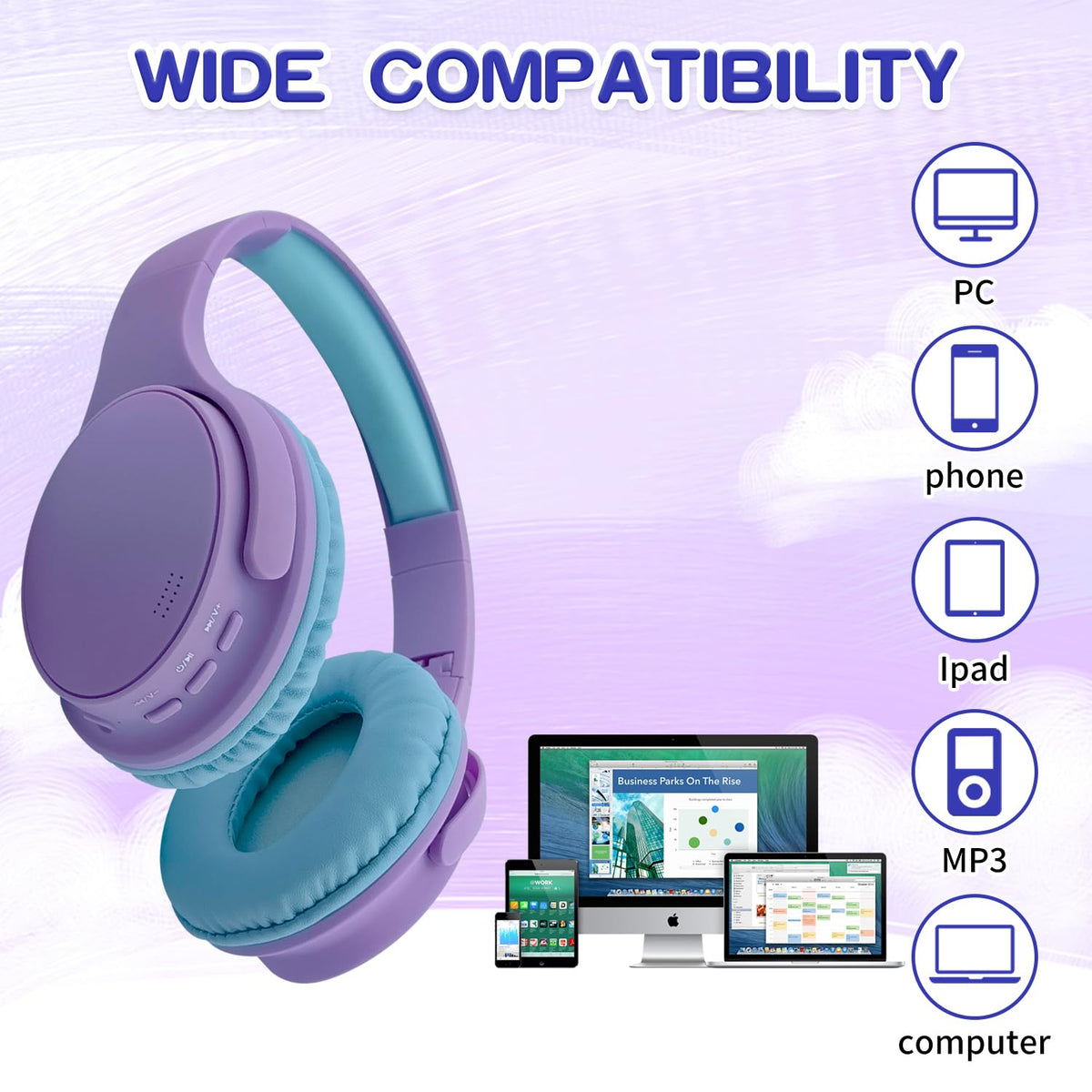 YUSONIC E6 purple side view with adjustable headband for growing kids