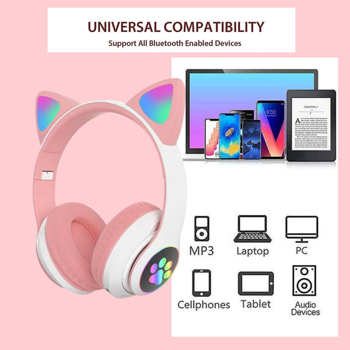 YUSONIC lit multicolor LEDs on headphones adding fun visual engagement