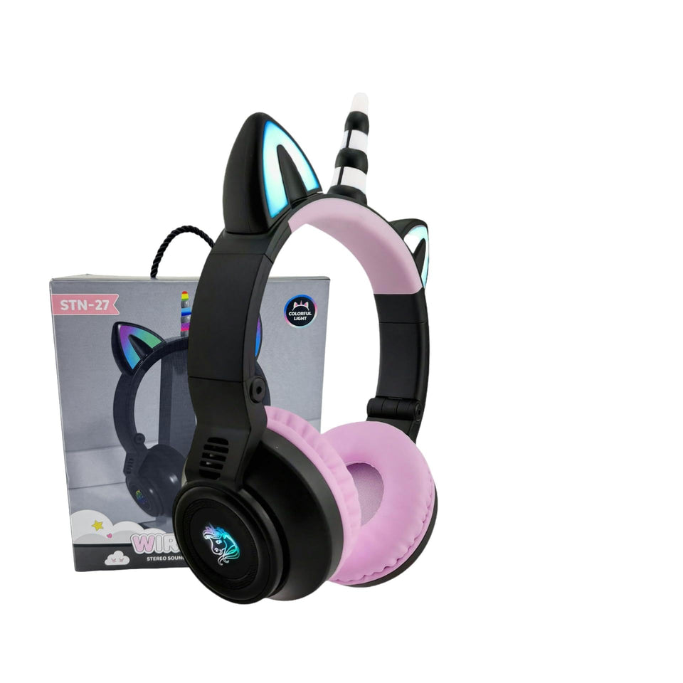 YUSONIC unicorn headphones front view showing playful lights and safe design