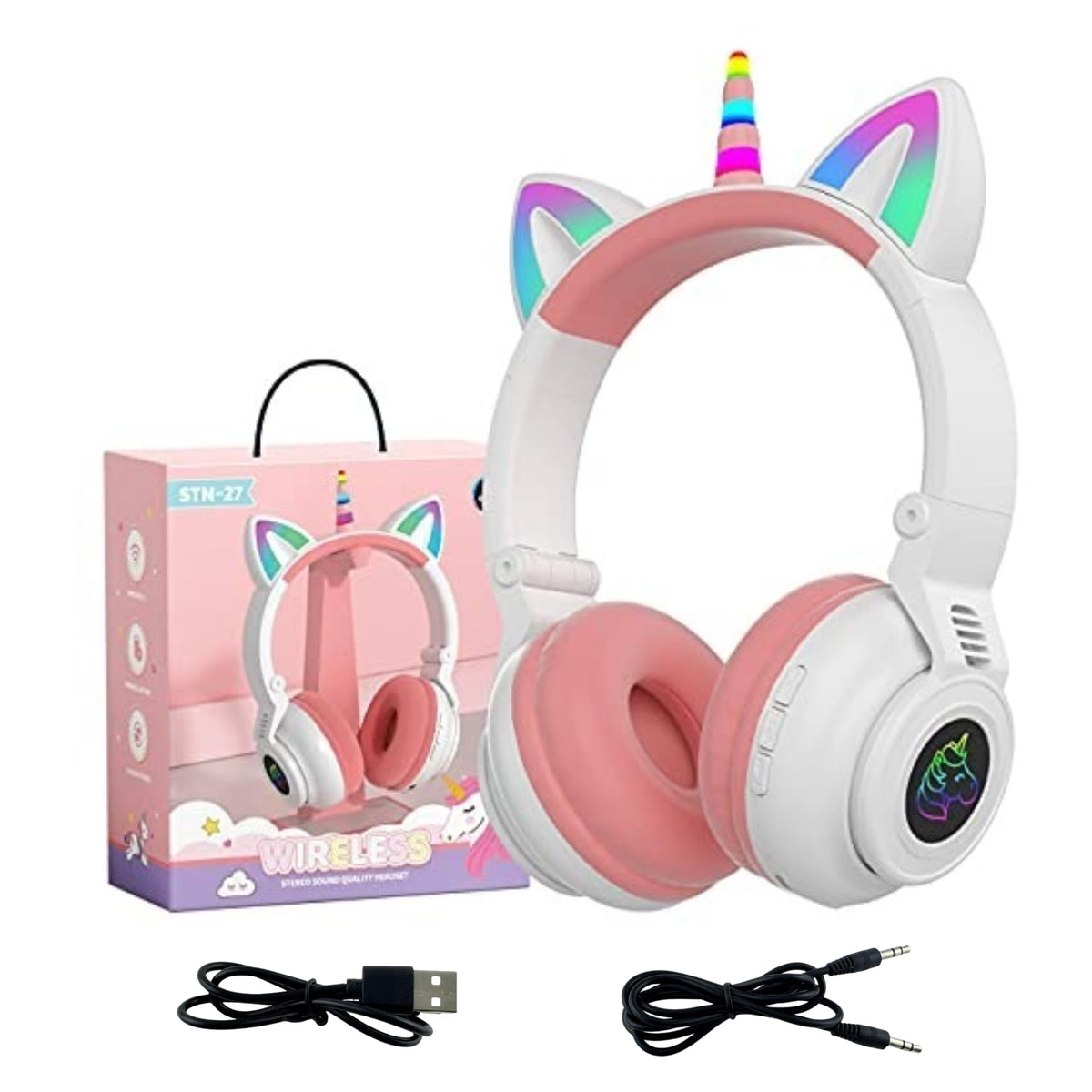 YUSONIC unicorn headphones with LED cat-ear lights for kids, offering immersive audio and playful style