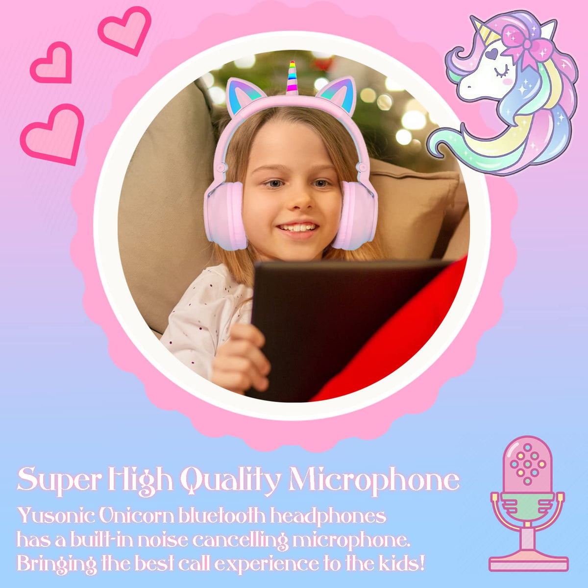 YUSONIC child using headphones with tablet for clearer learning and entertainment
