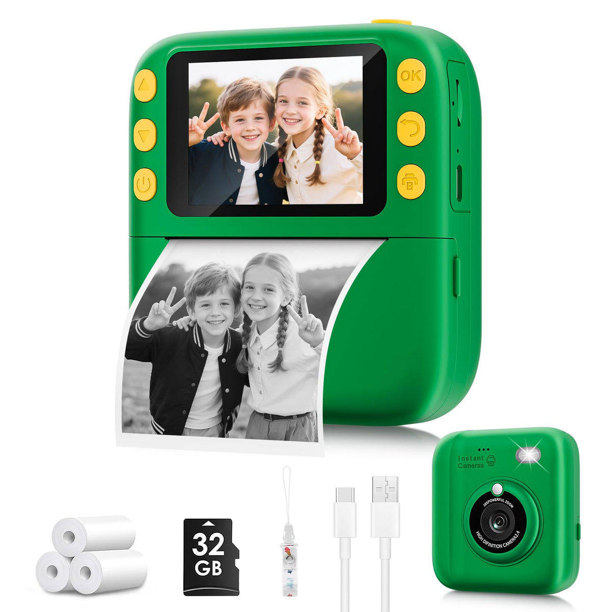 Yusuuo green front view showing camera shape and kid-friendly design and durability