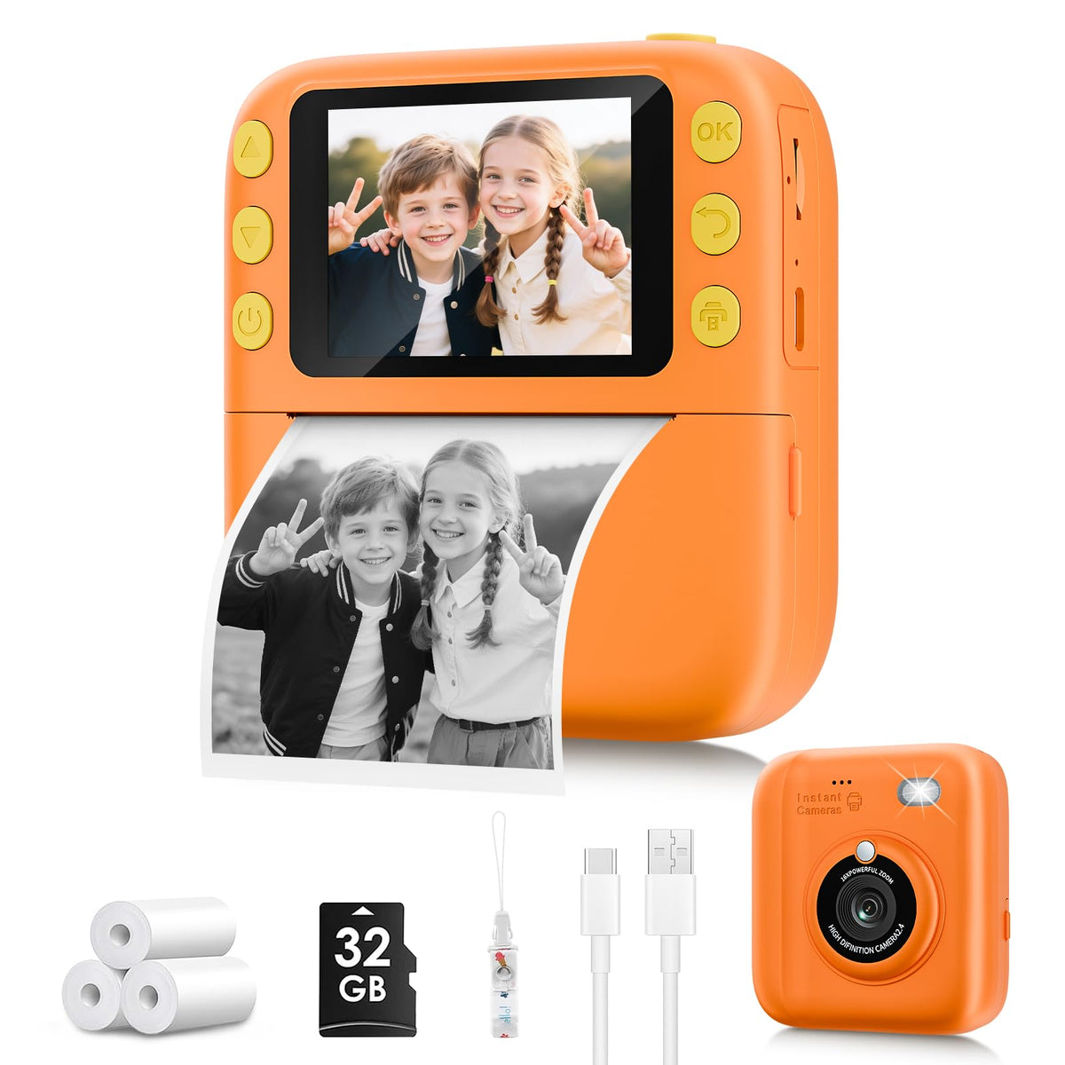 Yusuuo front packaging showcasing orange camera and included accessories, highlighting gifting appeal