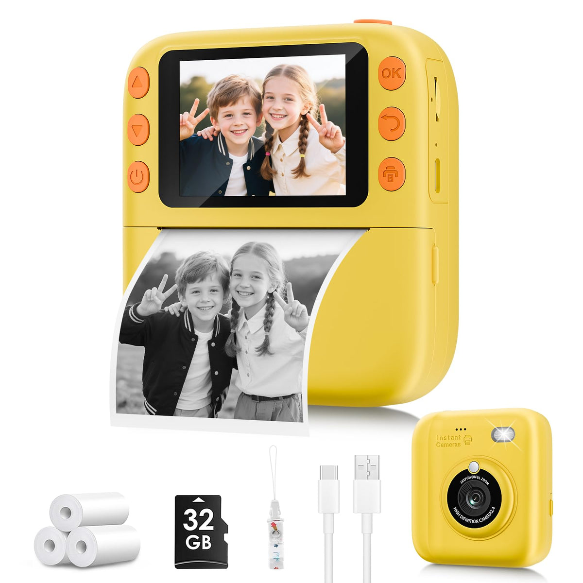 Yusuuo front view showing camera and bright yellow body, easy-to-grip benefit