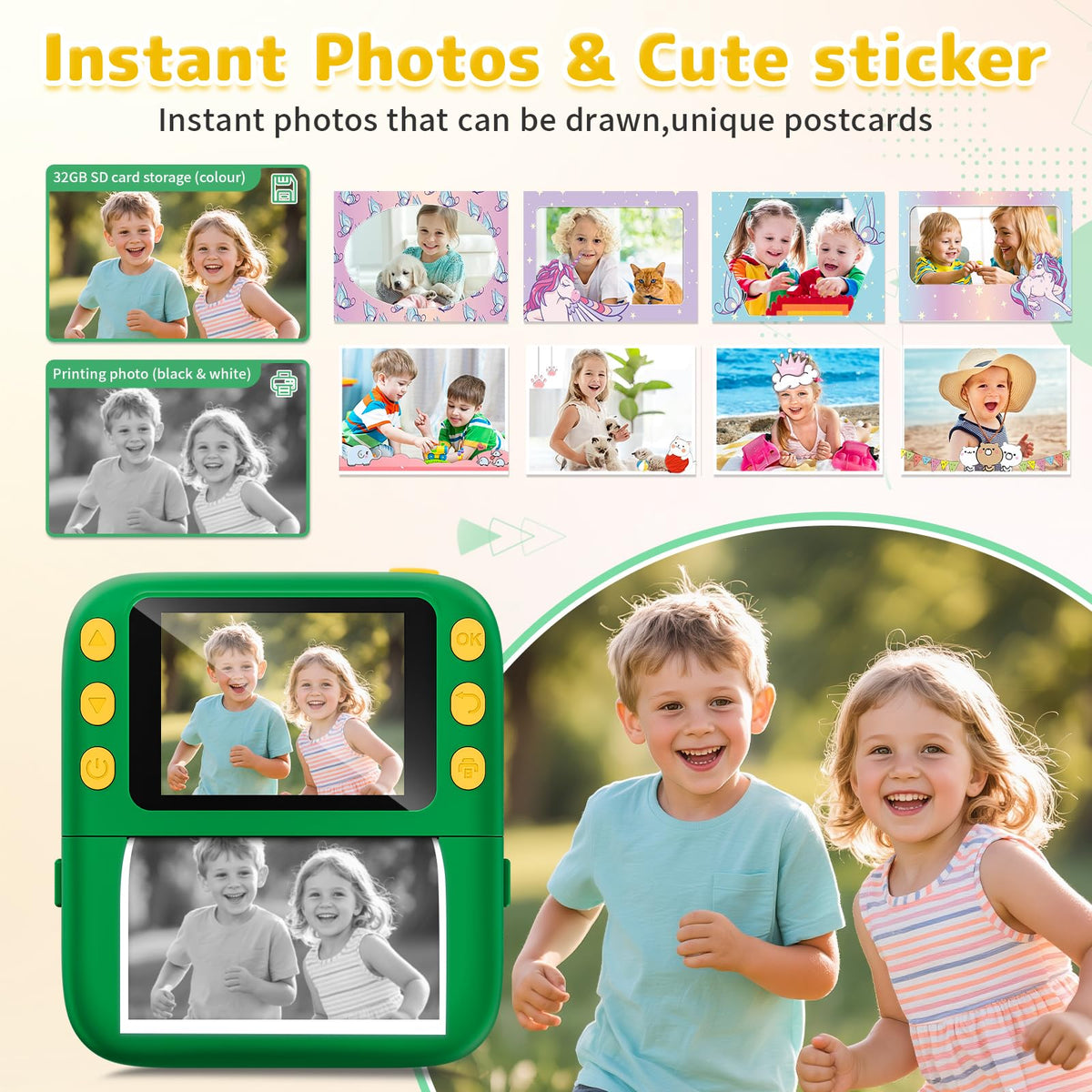 Yusuuo instant photo ejecting from camera showing quick chemical-free prints
