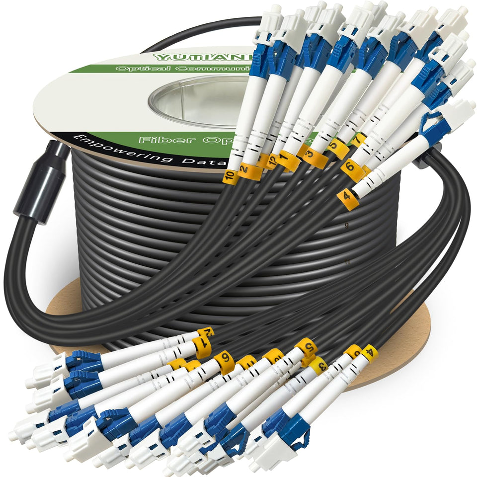 YUTIANHOME armored TPU fiber cable for outdoor LC-LC connections with rugged protection.