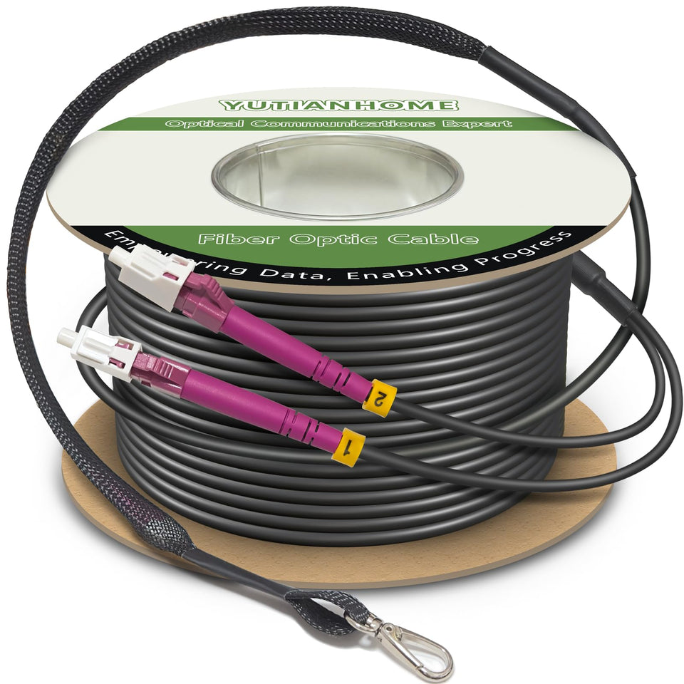 YUTIANHOME OM4 outdoor armored fiber cable with duplex LC-LC for rugged, high-speed networks.
