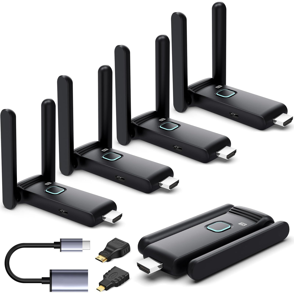 YUYUNLOMN wireless HDMI transmitter with four receivers enabling multi-screen setup.