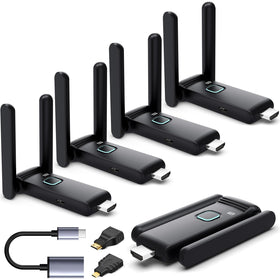 YUYUNLOMN wireless HDMI transmitter with four receivers enabling multi-screen setup.