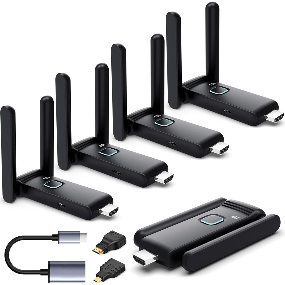 YUYUNLOMN wireless HDMI transmitter with four receivers enabling multi-screen setup.