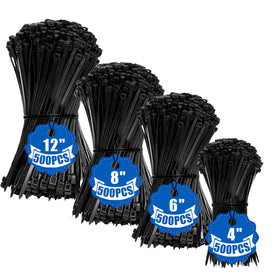 YUZE-WZDQ front packaging showing 2000 black zip ties and assortment benefit