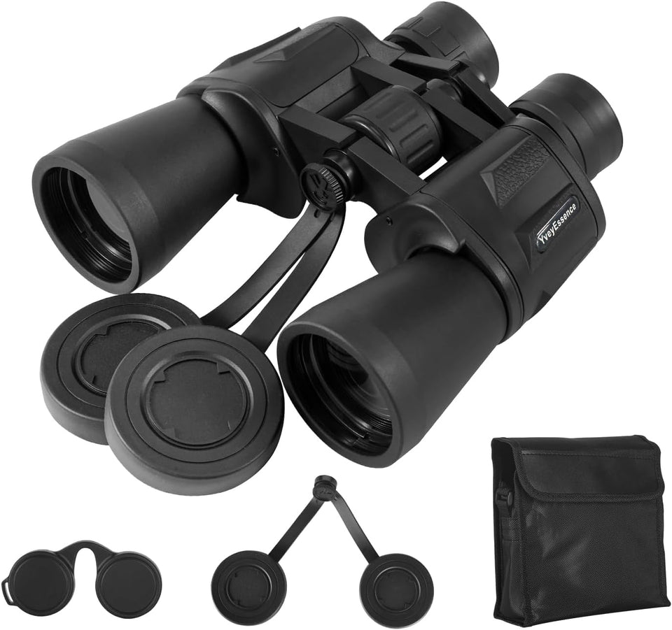 Yvey Essence front view showing compact 20x50 binoculars and clear optics benefit: precise distant detail