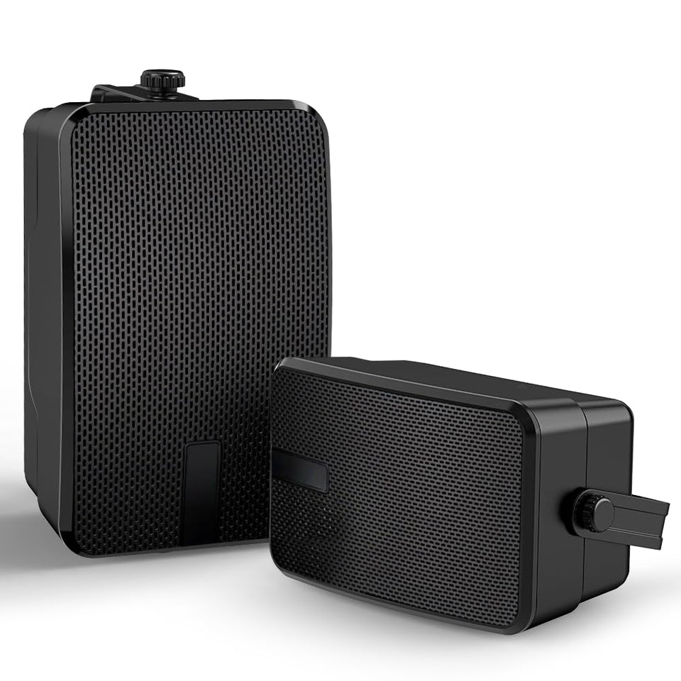 YVU outdoor speaker mounted on a patio wall delivering broad stereo sound.
