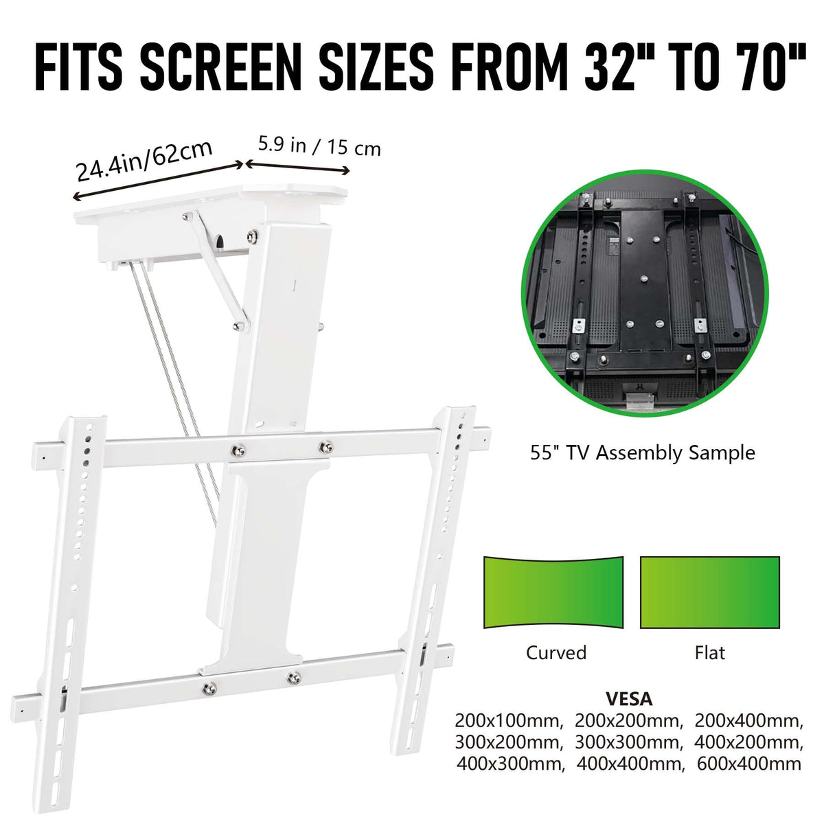 Ywin sturdy steel construction supports TVs up to 90 pounds.