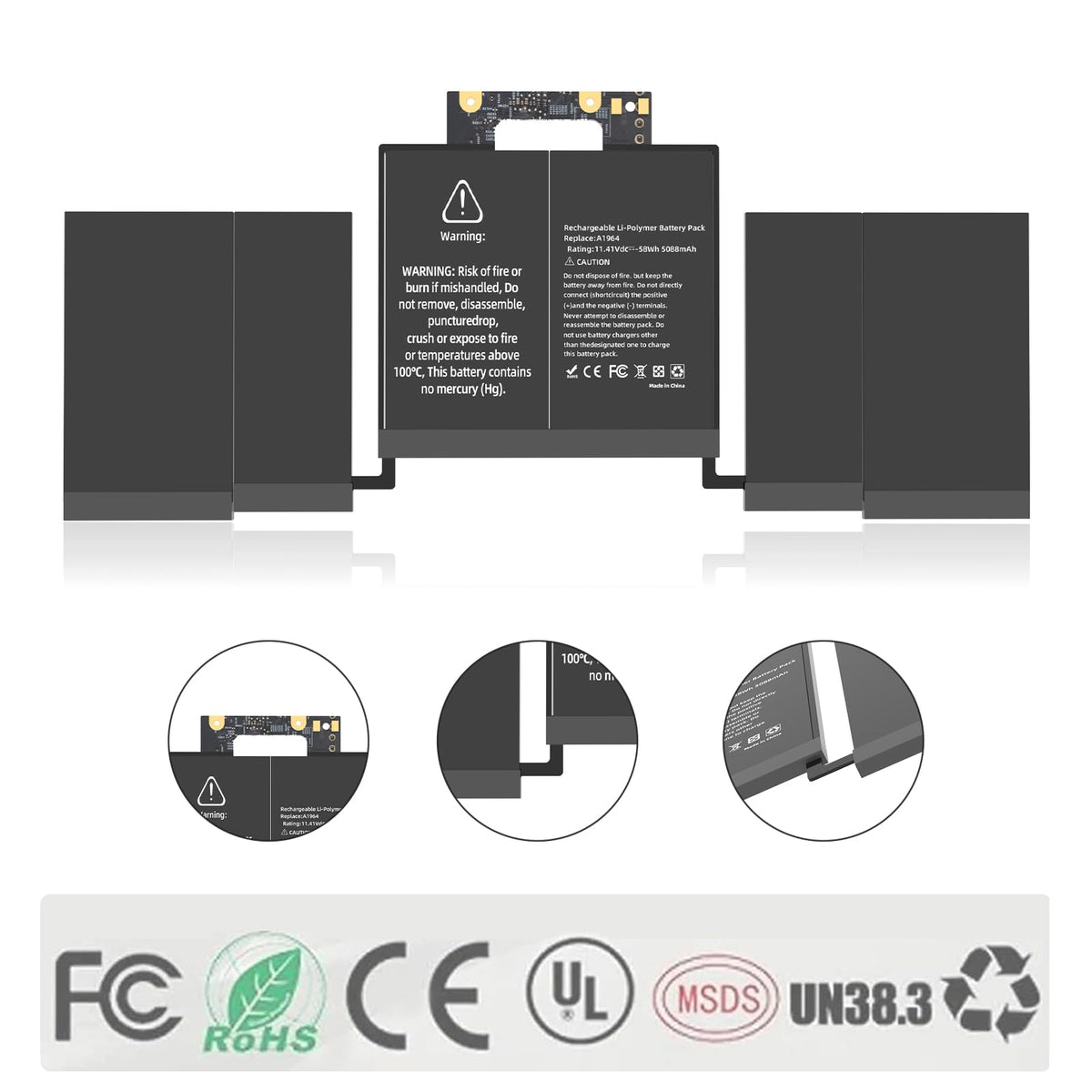 YXKC battery label and part numbers proving A1964 compatibility and specs