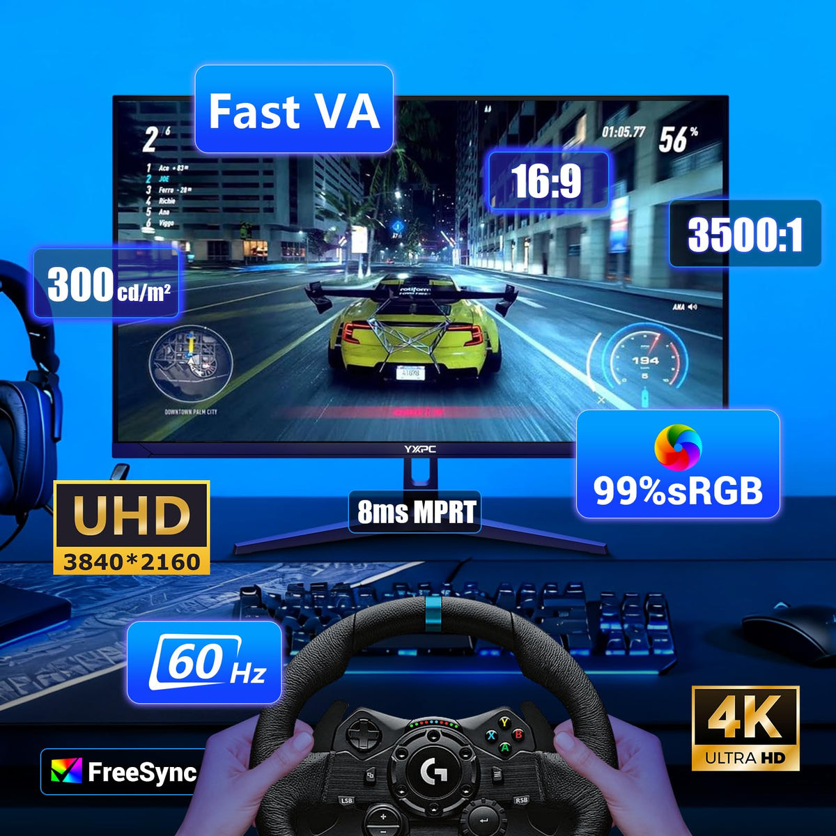 YXPC monitor showing HDMI 2.1 and DisplayPort 1.4 connectivity for versatile devices.