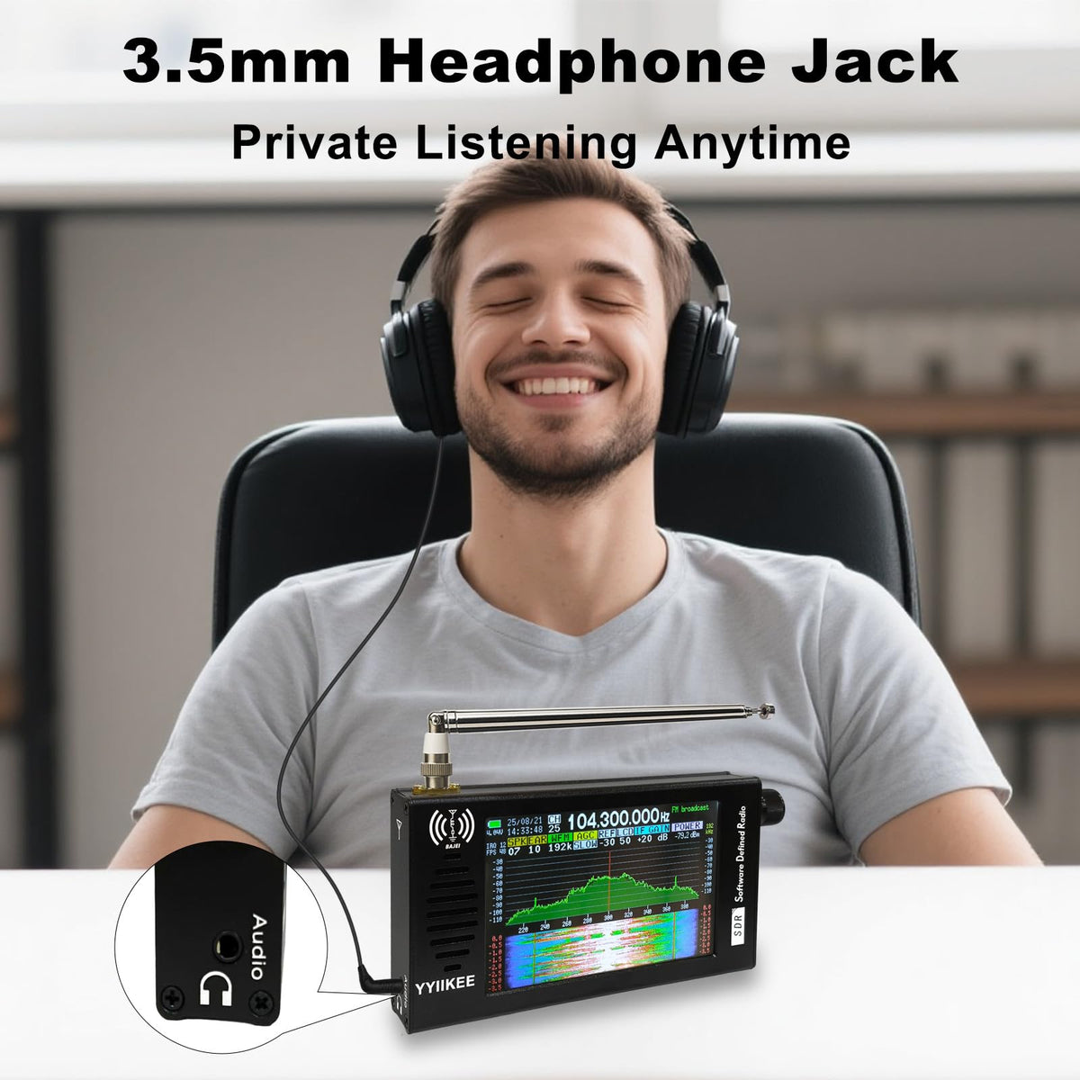 yyiikee portable SDR radio spectrum display highlights real-time bands and activity.