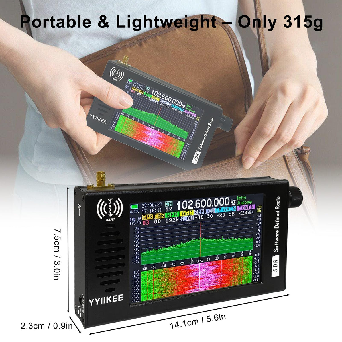 yyiikee portable SDR radio waterfall view helps visualize signal changes.