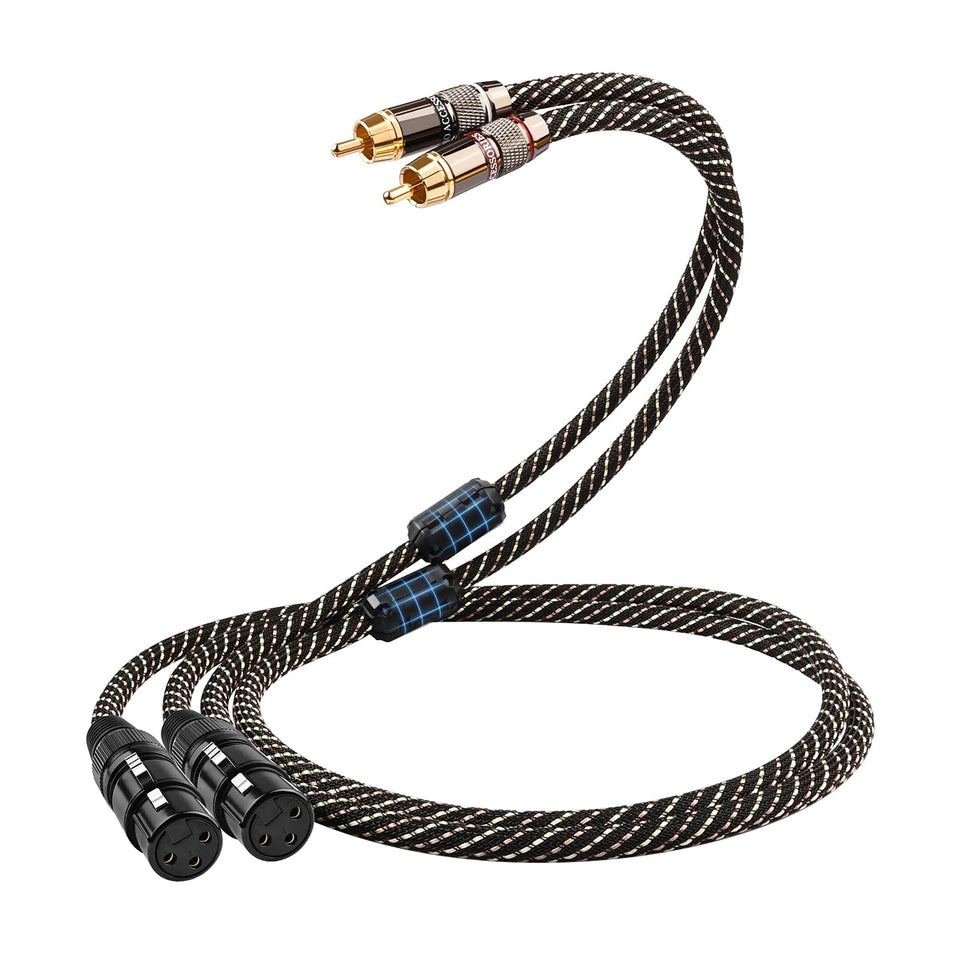 YYTCG audiophile cable close-up of dual RCA to dual XLR connectors with gold-plated plugs.