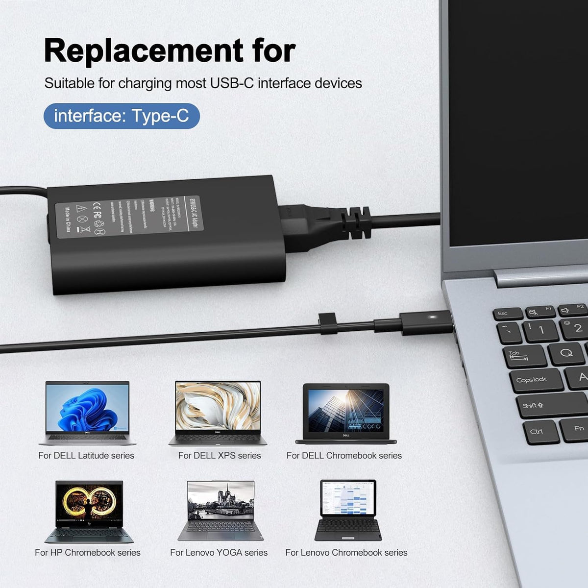 Product packaging of YZAESHAY Dell 65W USB-C charger highlighting key specs.