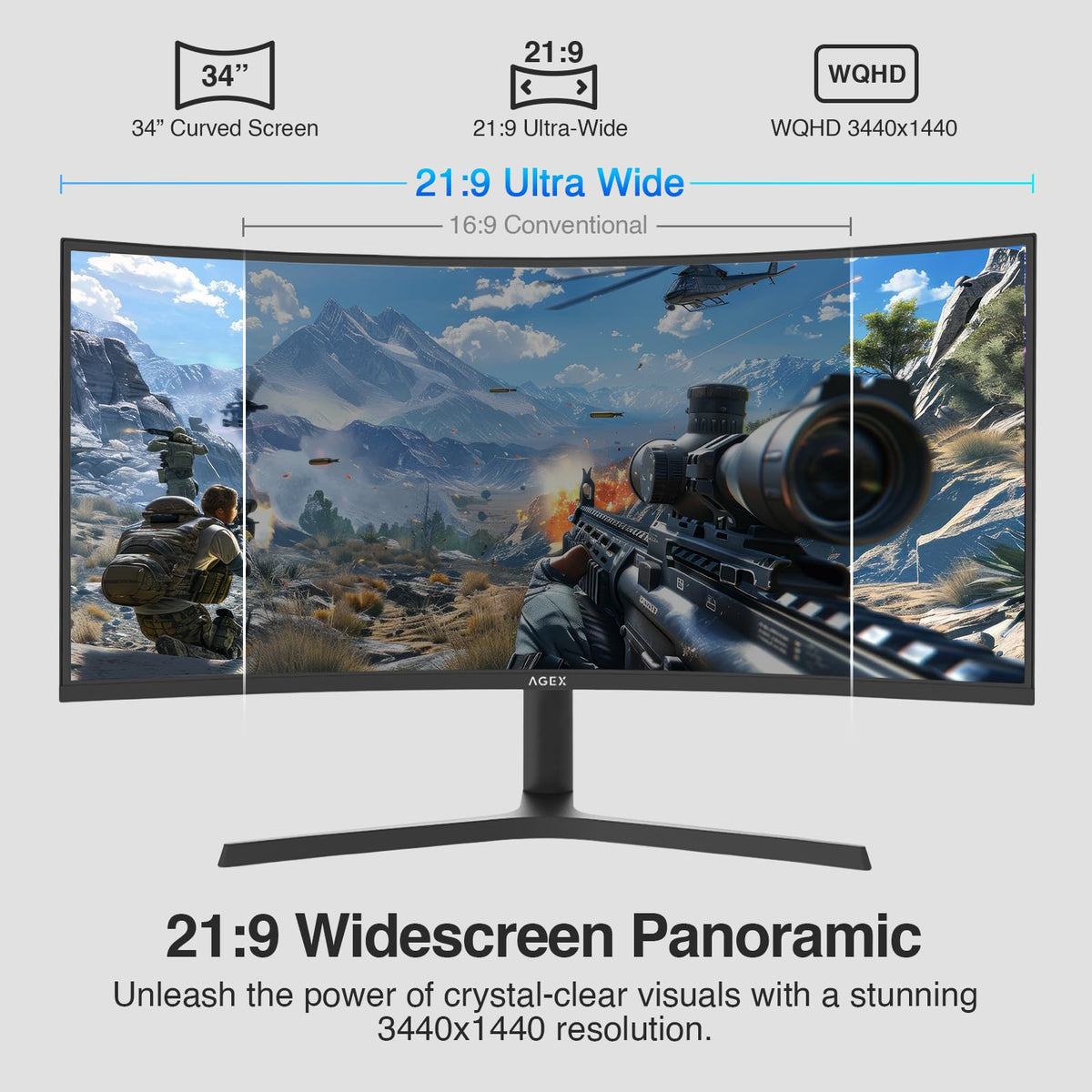 Z Z-EDGE AG34P ergonomic stand enables comfortable tall and low viewing positions.