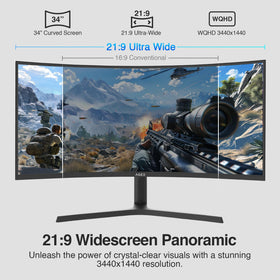 Z Z-EDGE AG34P ergonomic stand enables comfortable tall and low viewing positions.