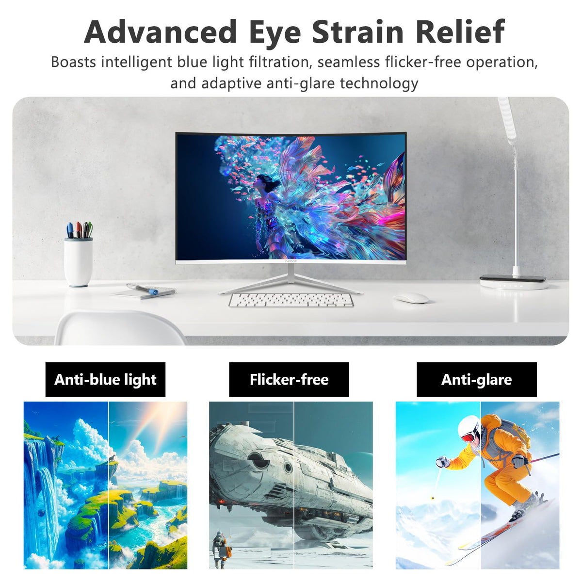 Z Z-EDGE 24-inch curved monitor eye-care tech, helps minimize blue light during sessions.