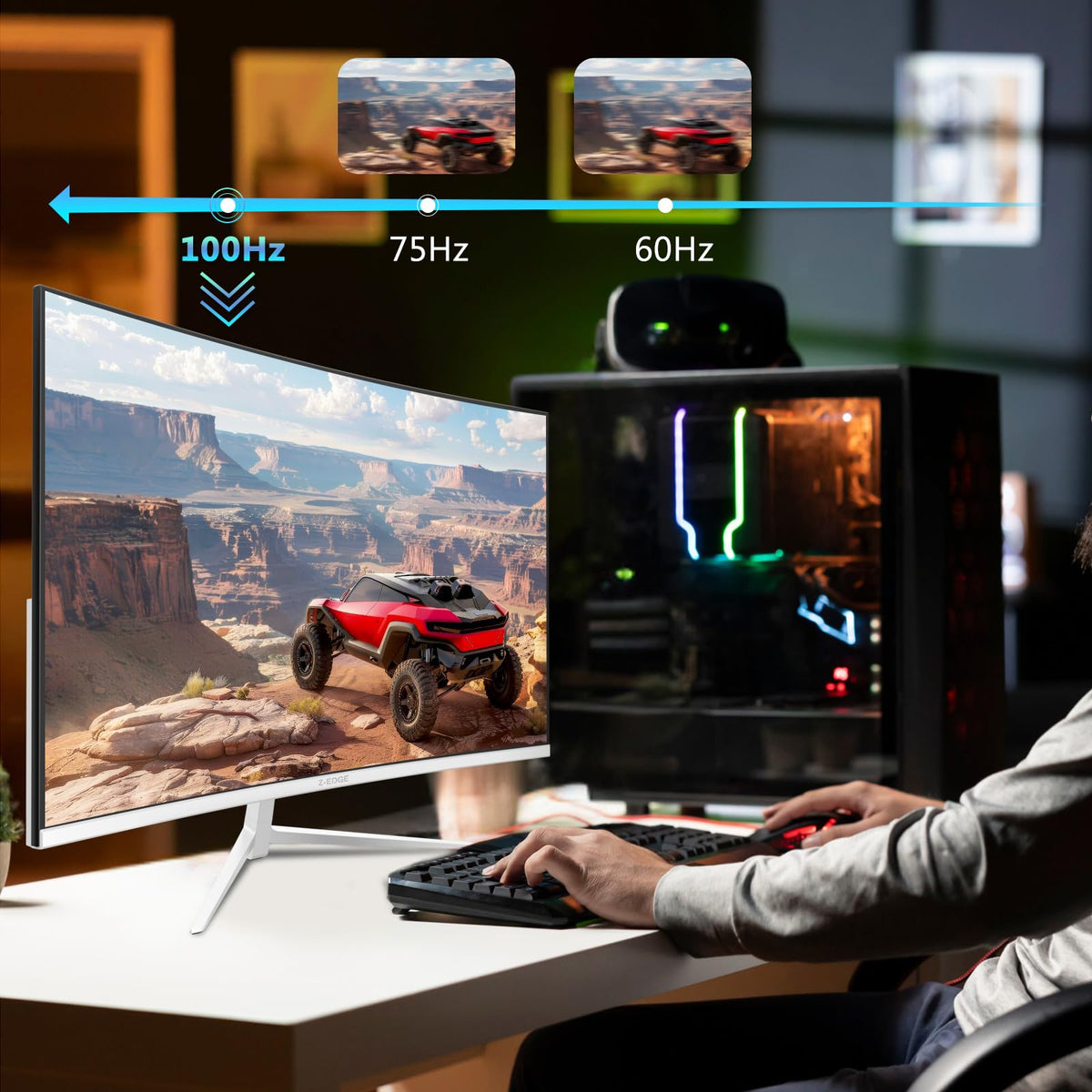 Z Z-EDGE 24-inch curved monitor side angle, wide viewing angle for multitasking.