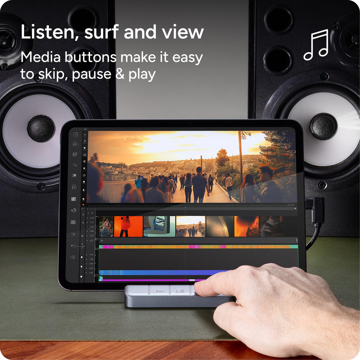 ZAGG hub large media buttons closeup for convenient playback control while working