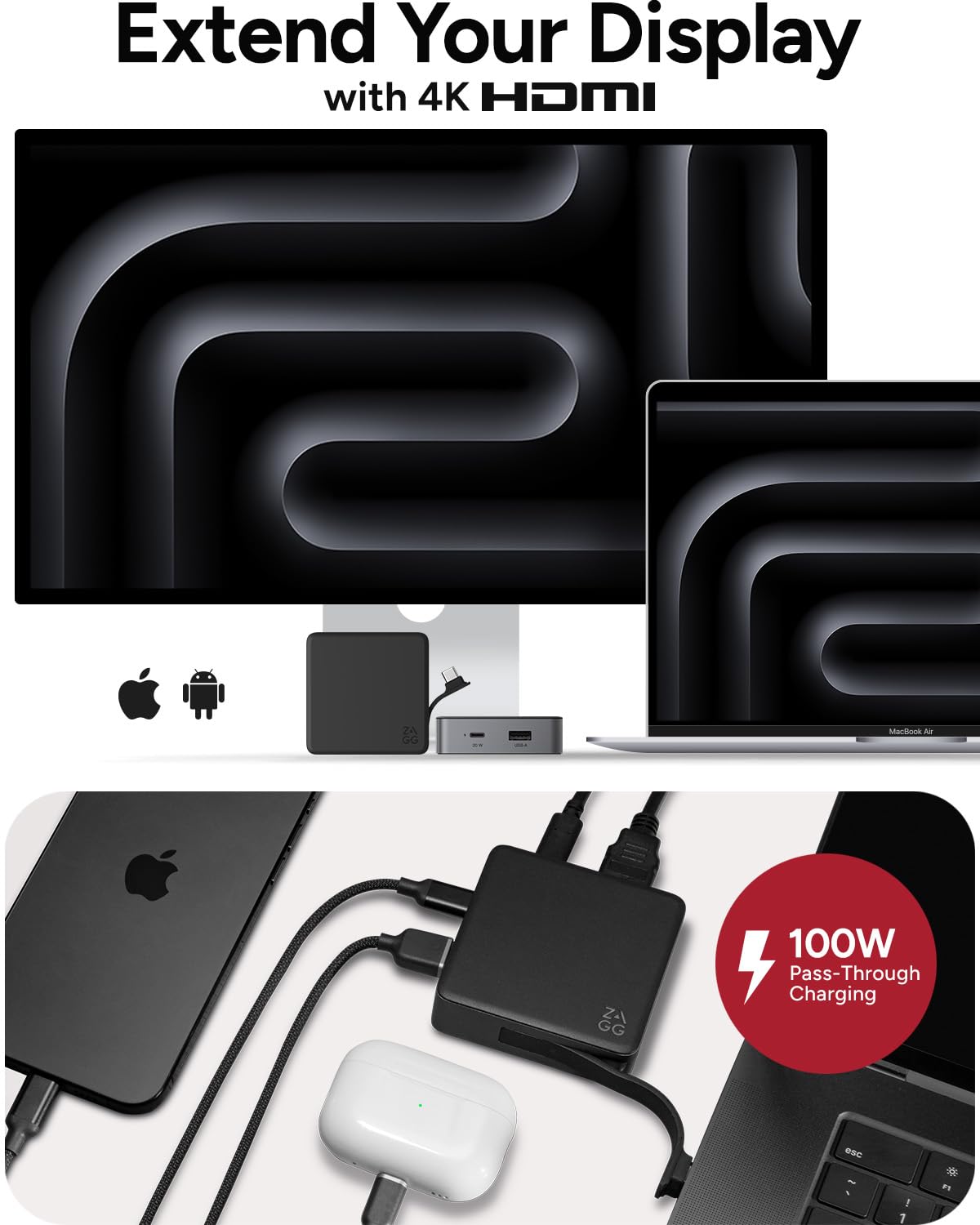 ZAGG 4-Port Hub compact travel design for on-the-go productivity.