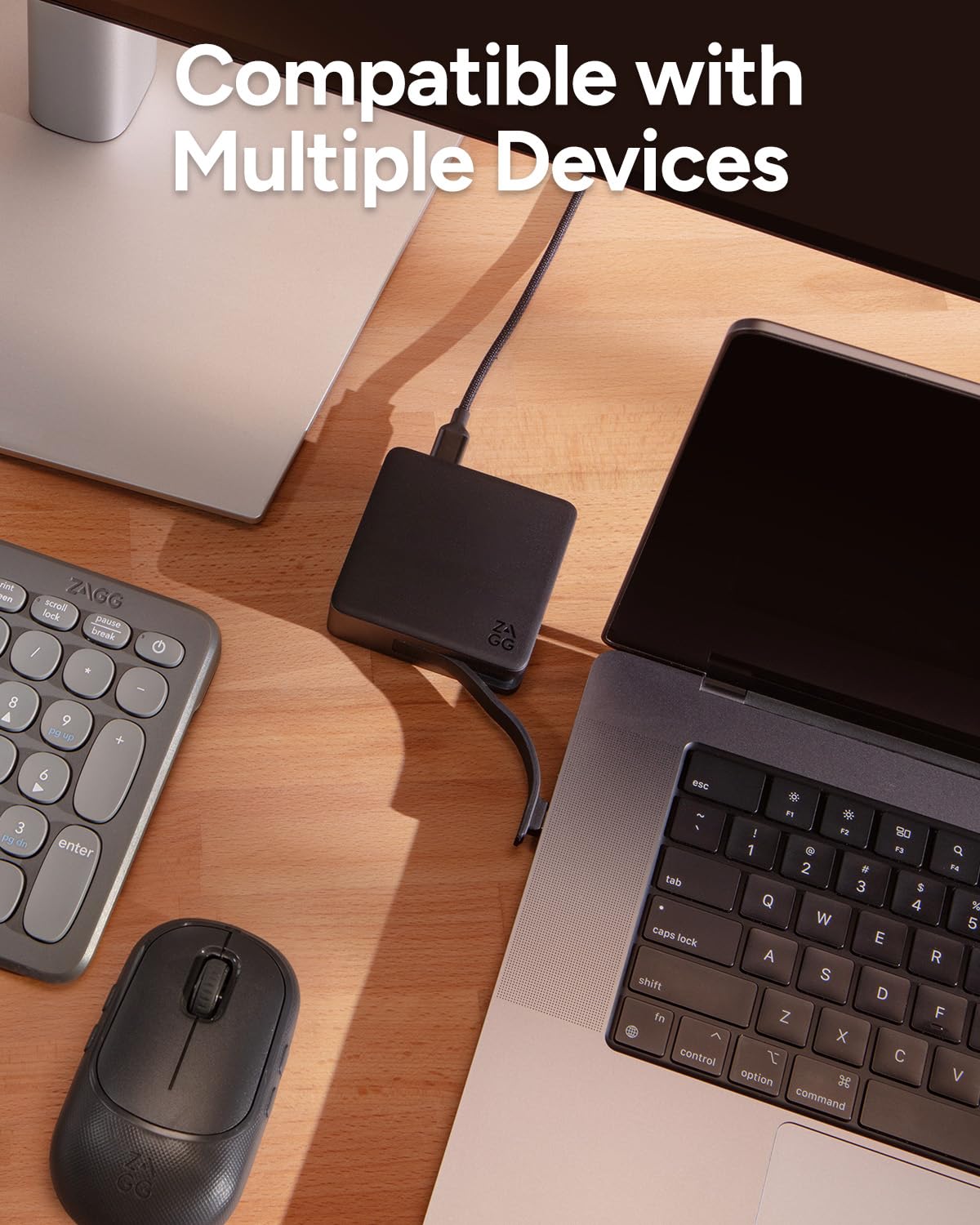 ZAGG 4-Port Hub lifestyle workstation setup on desks and trains.