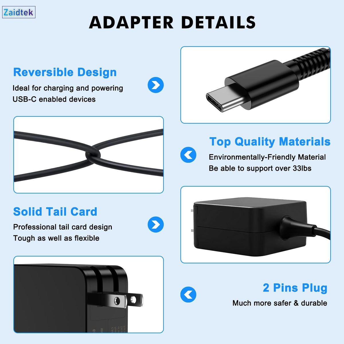 Zaidtek 65W USB-C charger compact travel design on a desk