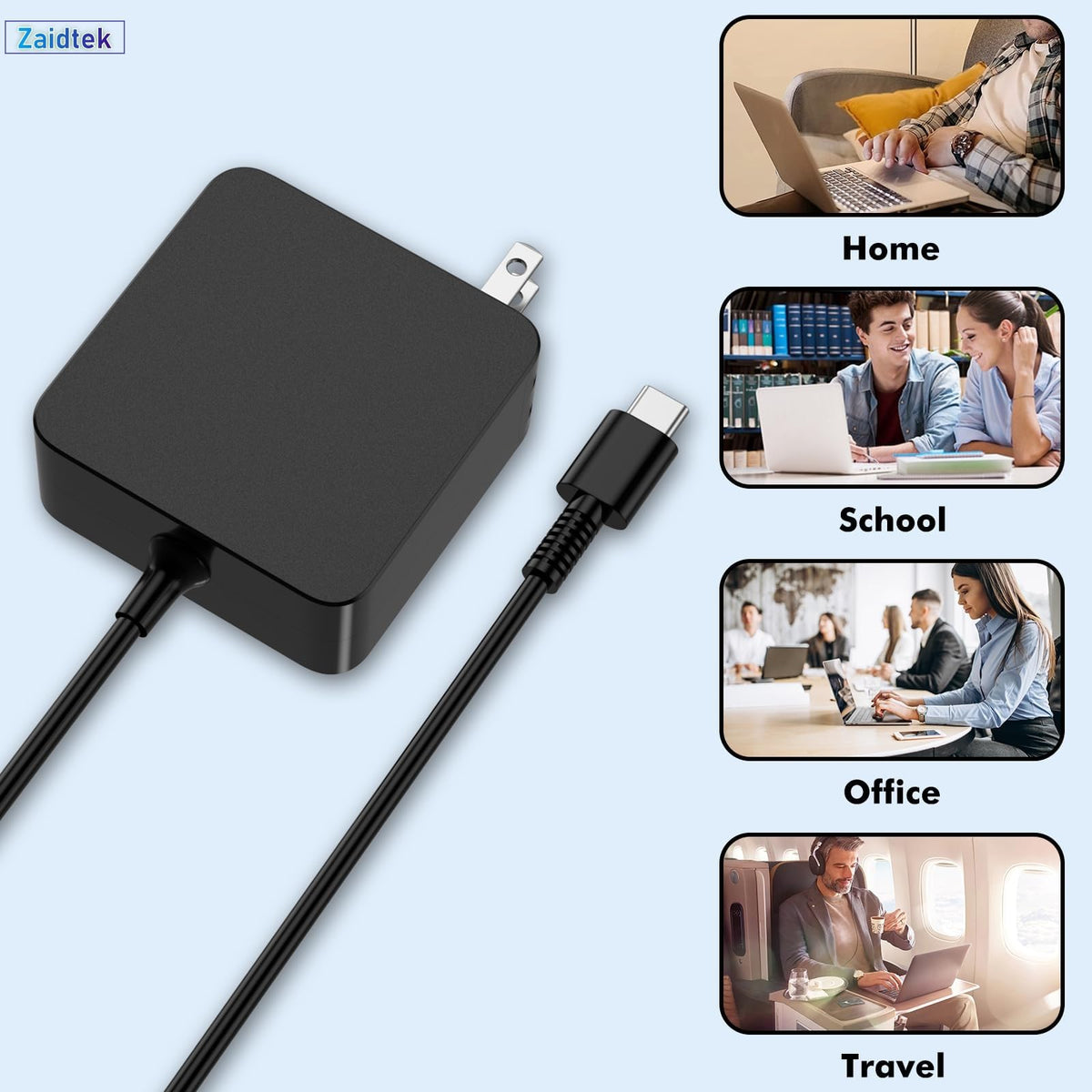 Zaidtek 65W USB-C charger in use with AOC/KAIGERR laptop