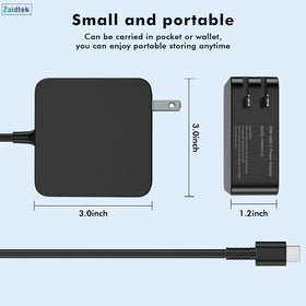 Zaidtek 65W USB-C charger packaging includes AC adapter and power cord