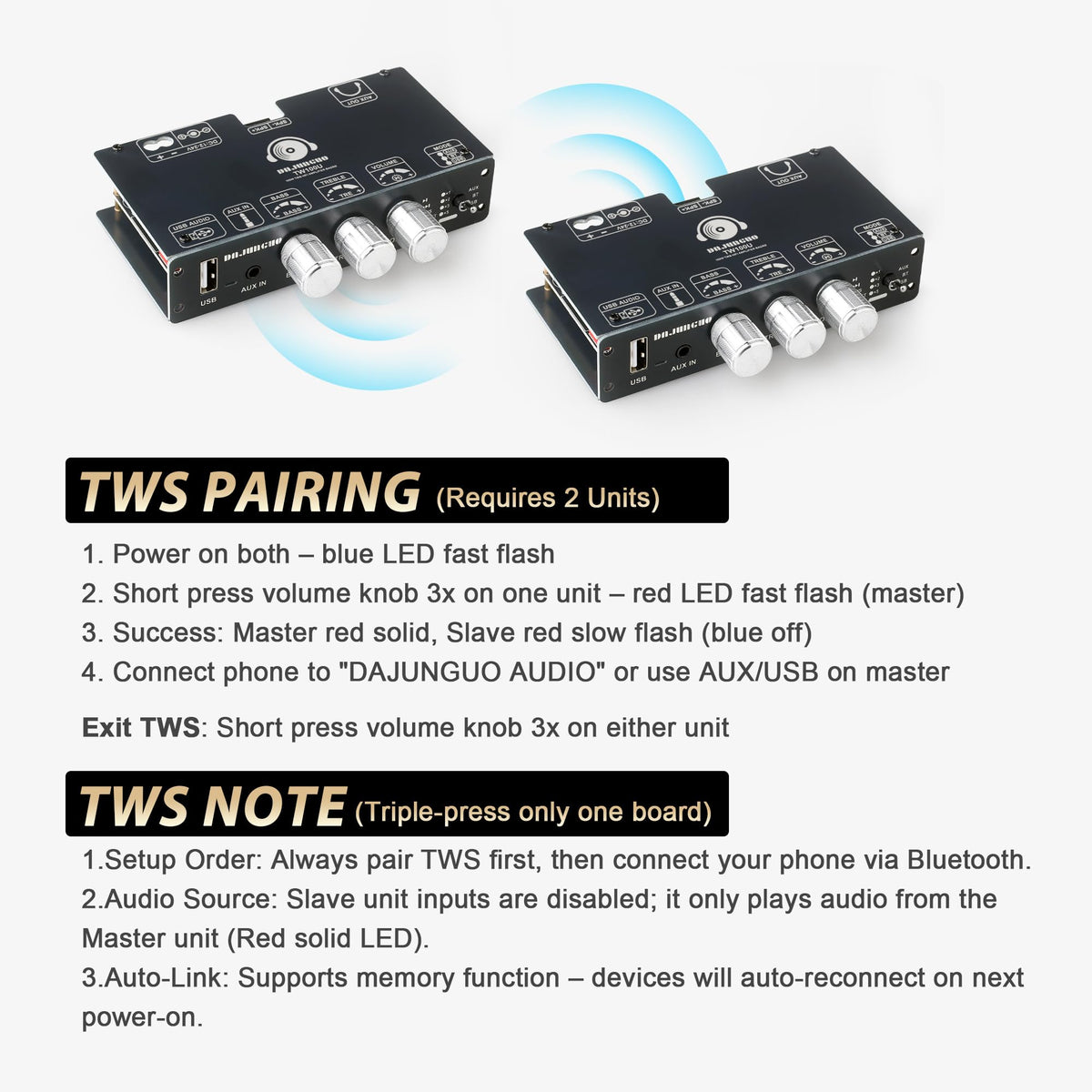 Zailen Audio TW100U chip closeup highlighting TPA3116D2 for clean sound
