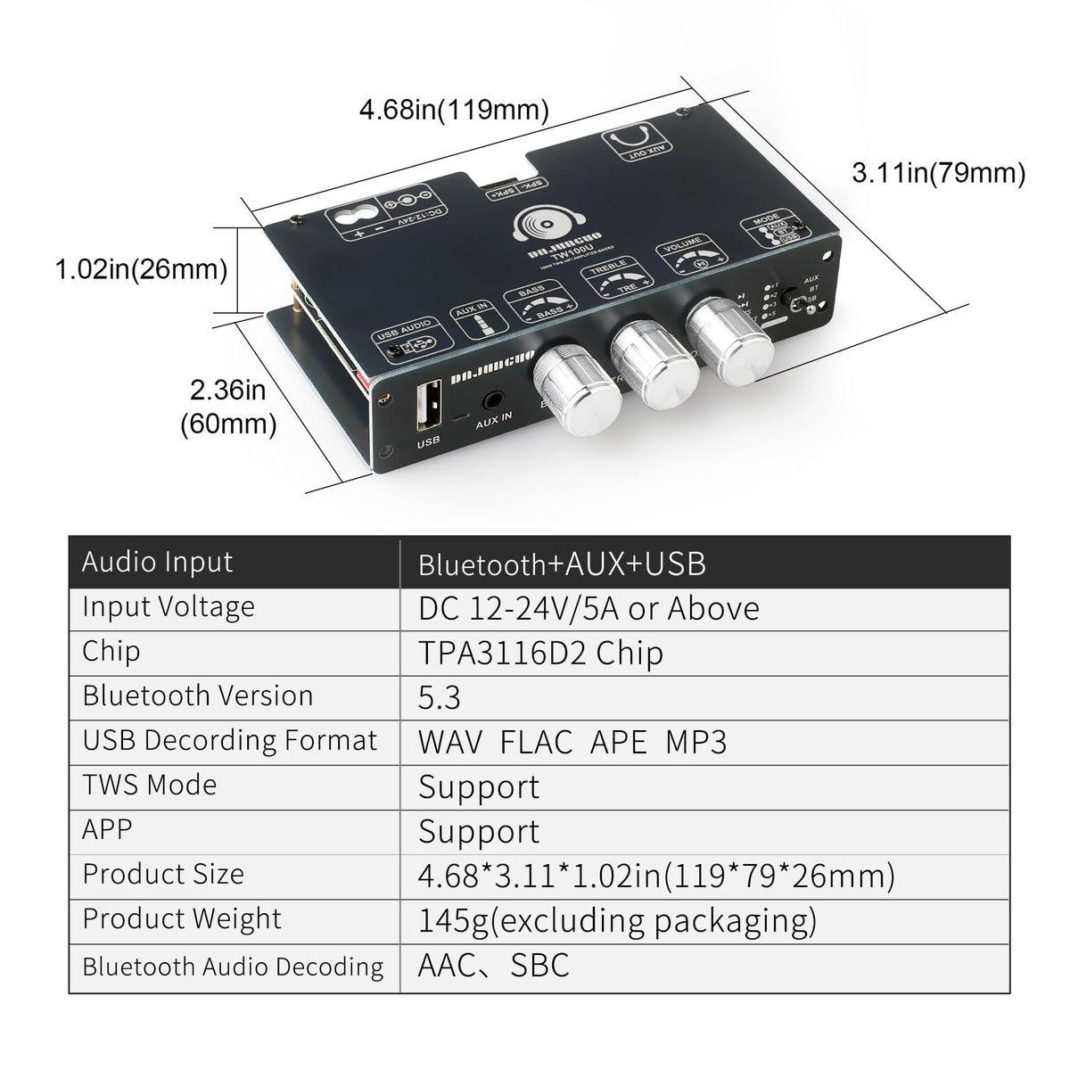 Zailen Audio TW100U tpa3116d2 chip delivers clean 100W mono output.