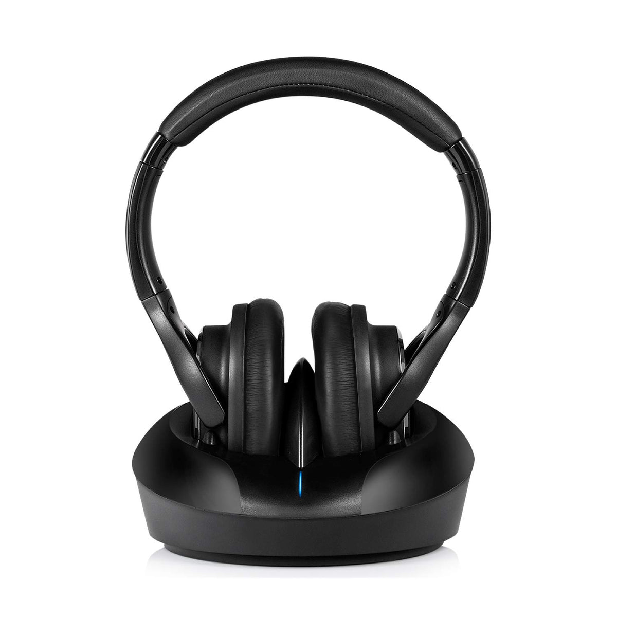 ZANCHIE wireless headphones on charging dock offering up to 10 hours of TV listening.