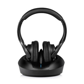 ZANCHIE wireless headphones on charging dock offering up to 10 hours of TV listening.