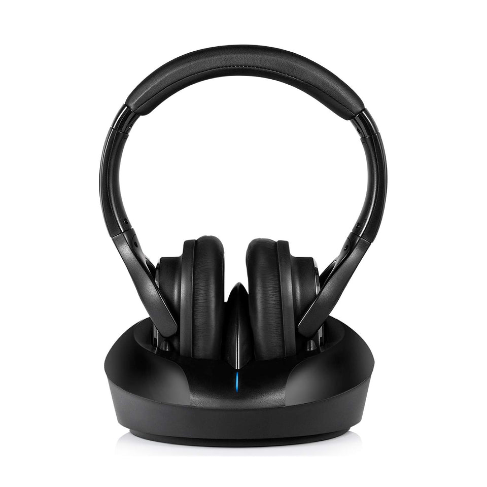 ZANCHIE wireless headphones on charging dock offering up to 10 hours of TV listening.