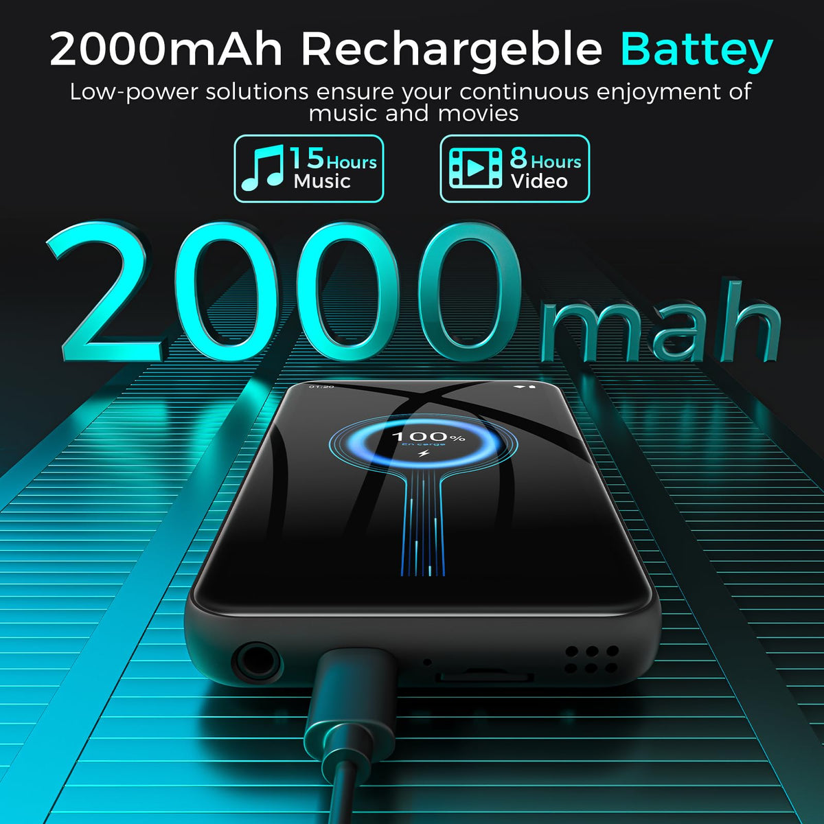 ZAQE 2000mAh-battery image demonstrates long-lasting playback during travel