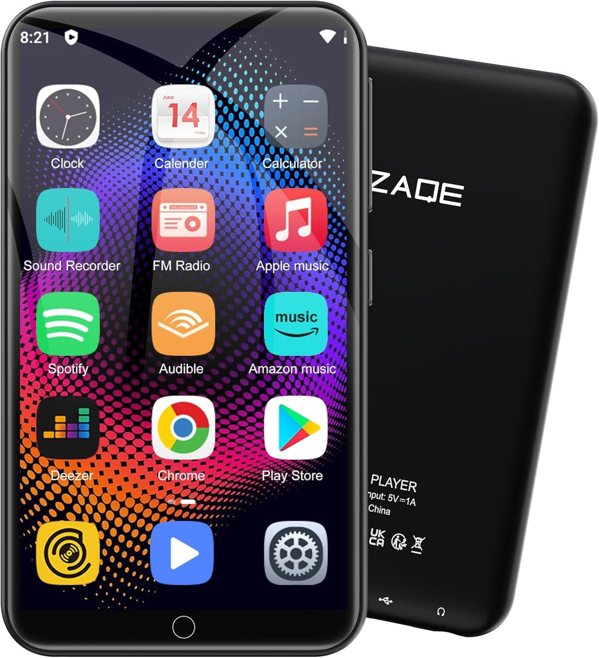 ZAQE MP3 Player front view with 4-inch display for portable entertainment on the go