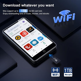 ZAQE MP3 Player WiFi and Bluetooth icons highlight wireless streaming compatibility