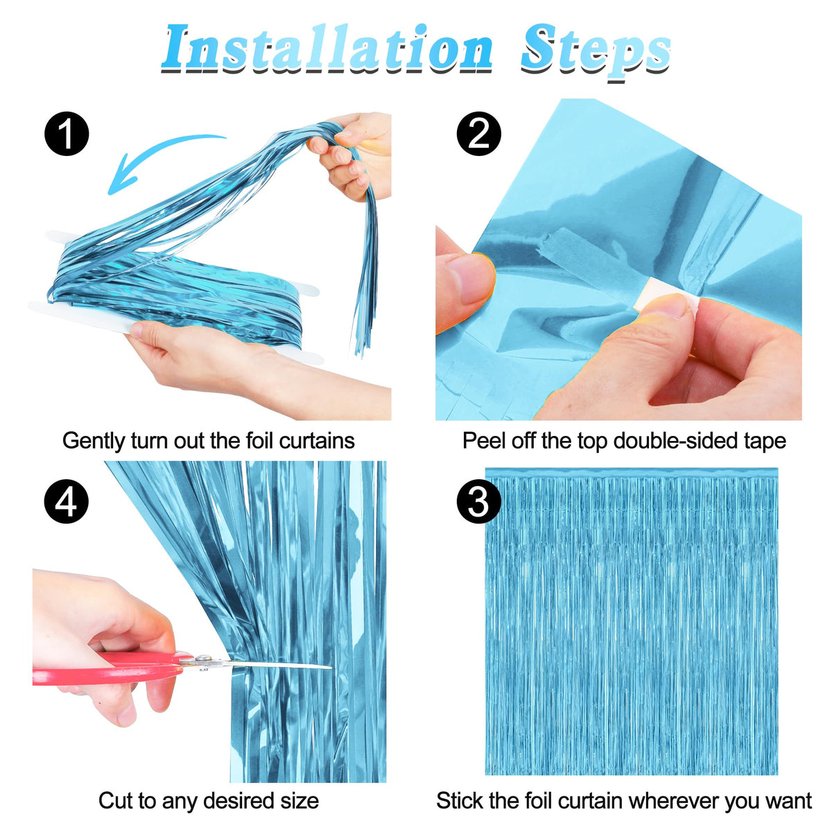 ZATAYE blue backdrop curtain with adhesive top for simple, fast hanging