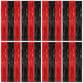 ZATAYE Halloween foil curtain in red and black creates dramatic entryway ambience.