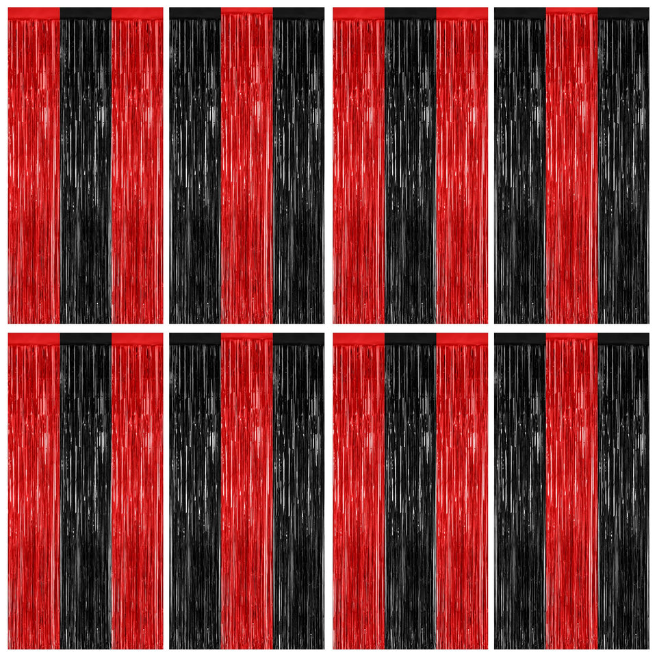 ZATAYE Halloween foil curtain in red and black creates dramatic entryway ambience.