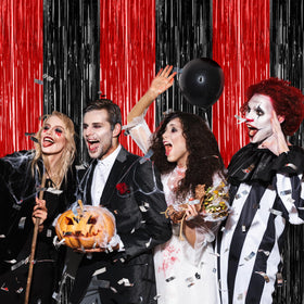 ZATAYE metallic red-black curtain adds a mysterious ambiance to entrances.