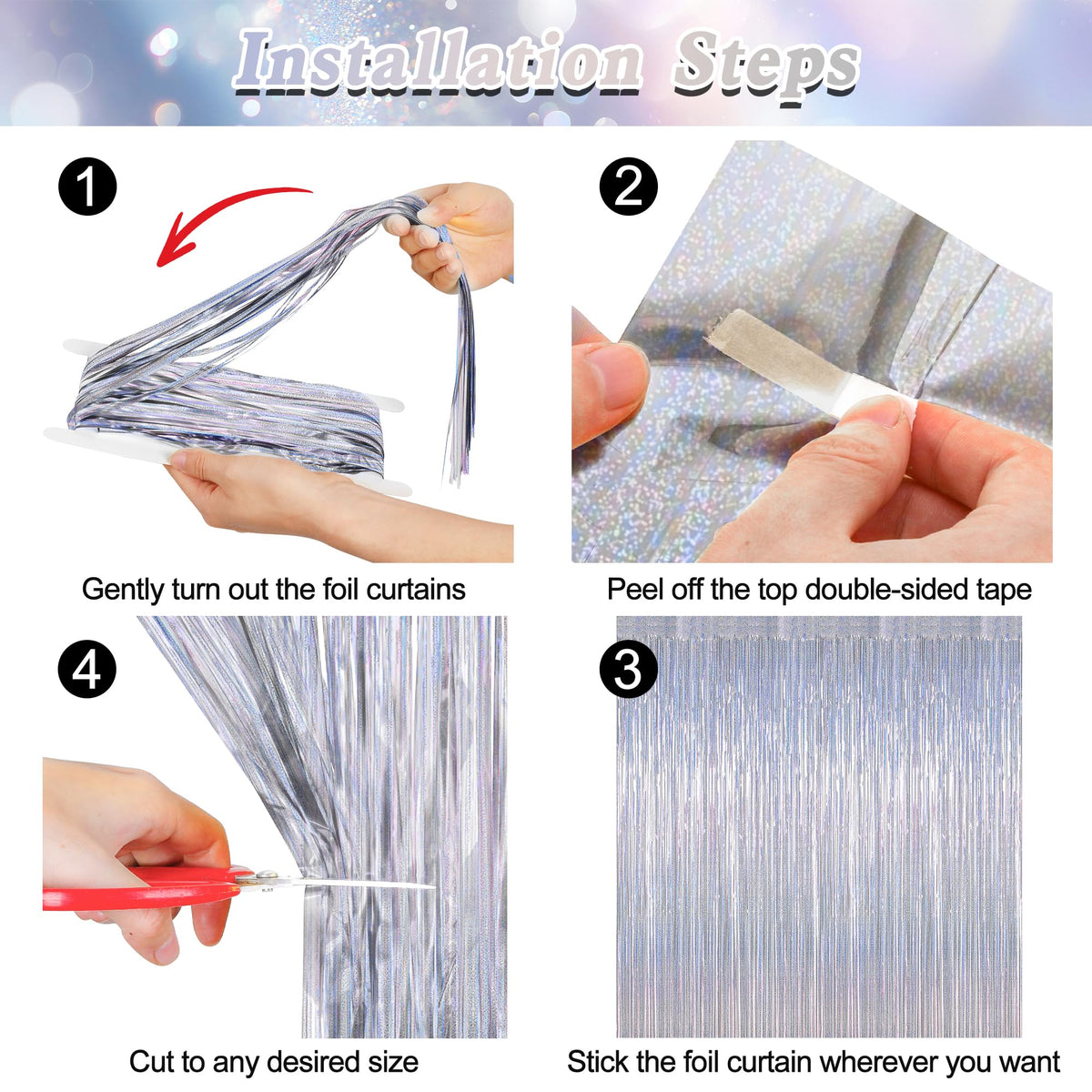 ZATAYE tinsel fringe drape provides a large, adaptable backdrop.